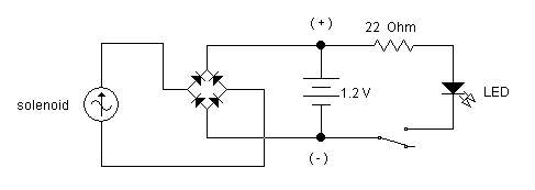 Ecco uno schema lineare del circuito per la torcia tascabile e ricaricabile. I diodi che sono stati scelti per il progetto hanno una parte centrale nera e una piccola striscia argento: quest’ultima indica l’estremità positiva del diodo. Un regola da tenere a mente è di rivolgere questa striscia grigio argento verso il polo positivo della batteria che si usa. Il simbolo del diodo corrisponde ad una stella con una linea sulla punta: la punta della stella in questo modo sembrerà puntare proprio l’estremo positivo della batteria e la linea rappresenta in sostanza la striscia grigia del diodo. 